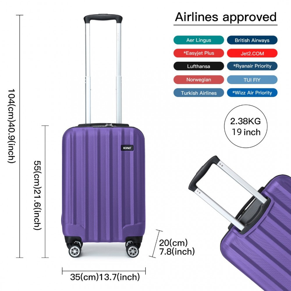 K1773-1L - KONO 19/24/28 INCH 3 PIECE SET STRIPED ABS HARD SHELL LUGGAGE WITH 360-DEGREE SPINNER WHEELS - PURPLE - The Baggage Shop