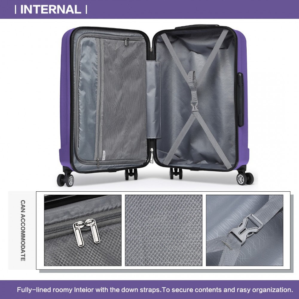 K1773-1L - KONO 19/24/28 INCH 3 PIECE SET STRIPED ABS HARD SHELL LUGGAGE WITH 360-DEGREE SPINNER WHEELS - PURPLE - The Baggage Shop
