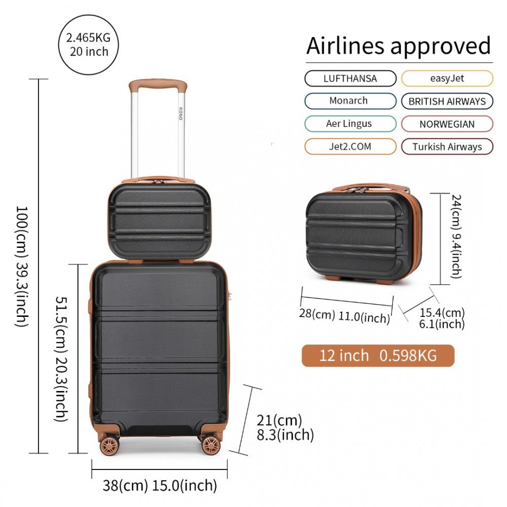 K1871-1L - KONO ABS 4 WHEEL SUITCASE SET WITH VANITY CASE - BLACK AND BROWN - The Baggage Shop