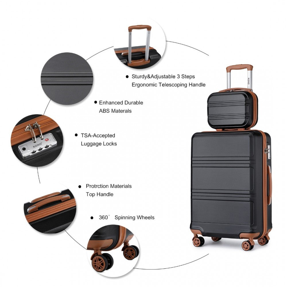 K1871-1L - KONO ABS 4 WHEEL SUITCASE SET WITH VANITY CASE - BLACK AND BROWN - The Baggage Shop
