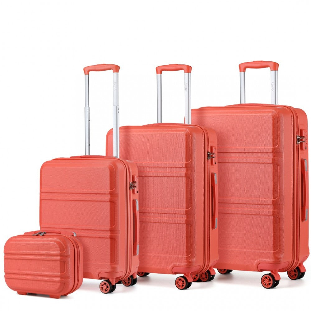 K1871-1L - KONO ABS SCULPTED HORIZONTAL DESIGN 4 PCS SUITCASE SET WITH VANITY CASE - CORAL - The Baggage Shop