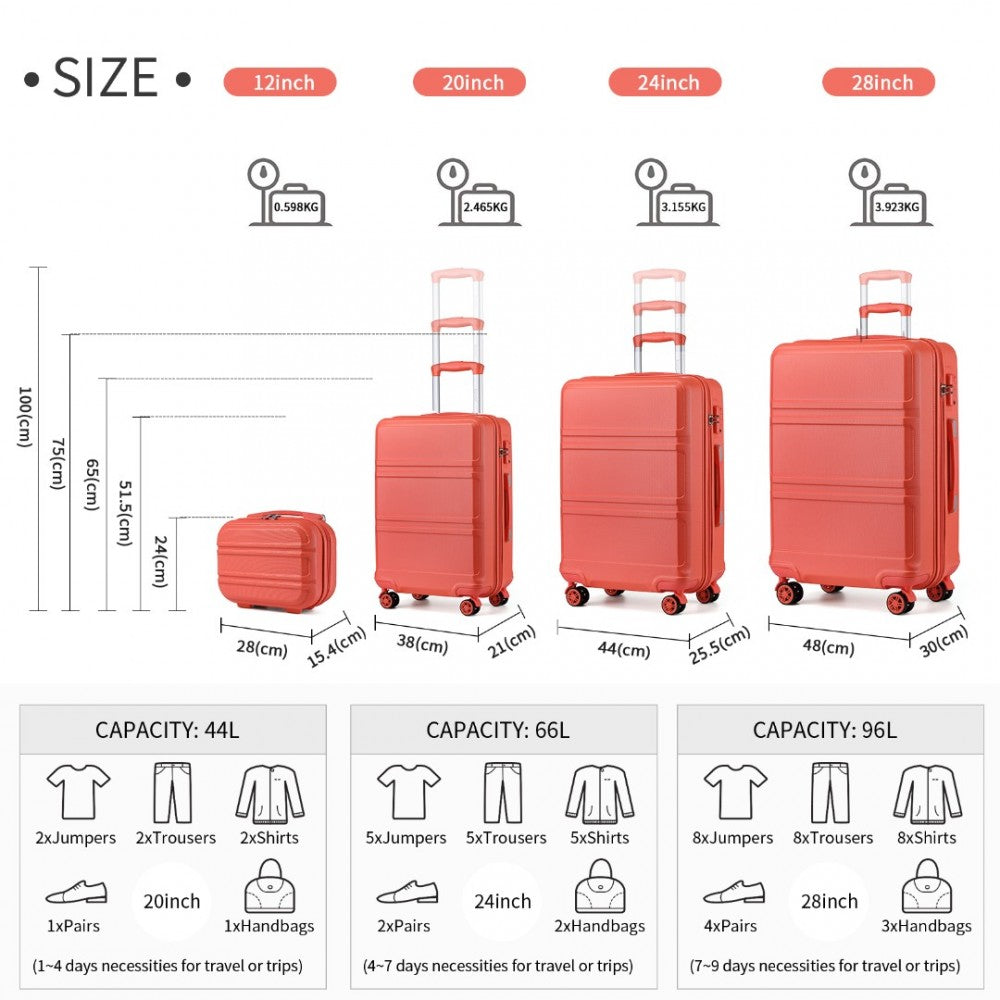 K1871-1L - KONO ABS SCULPTED HORIZONTAL DESIGN 4 PCS SUITCASE SET WITH VANITY CASE - CORAL - The Baggage Shop