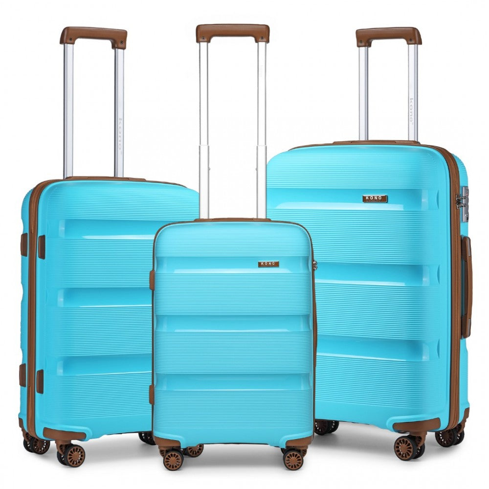 K2092L - KONO BRIGHT HARD SHELL PP SUITCASE 3 PIECES SET - CLASSIC COLLECTION - BLUE AND BROWN - The Baggage Shop
