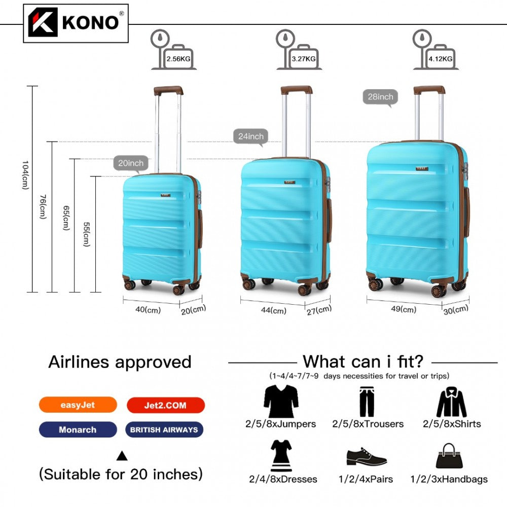 K2092L - KONO BRIGHT HARD SHELL PP SUITCASE 3 PIECES SET - CLASSIC COLLECTION - BLUE AND BROWN - The Baggage Shop