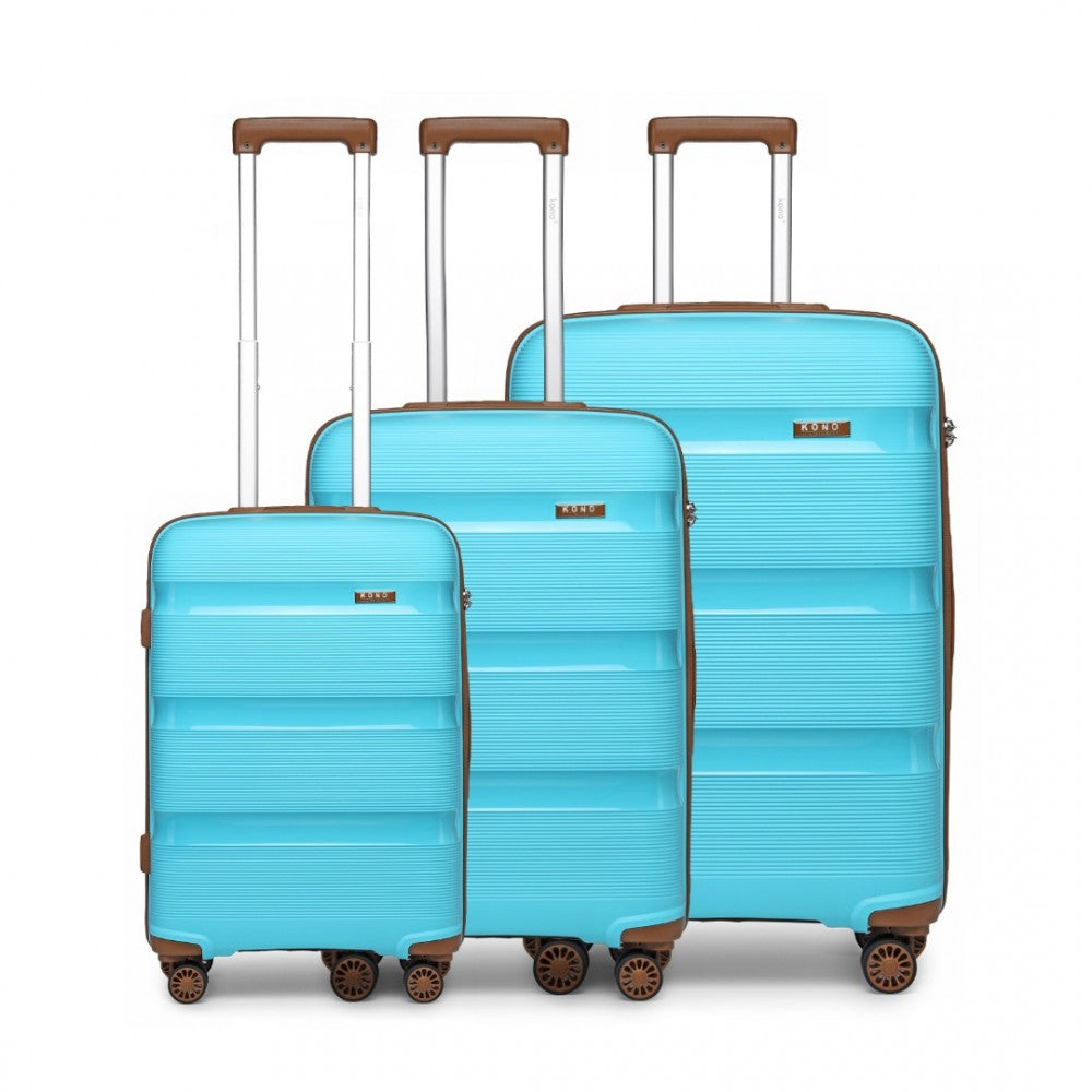 K2092L - KONO BRIGHT HARD SHELL PP SUITCASE 3 PIECES SET - CLASSIC COLLECTION - BLUE AND BROWN - The Baggage Shop
