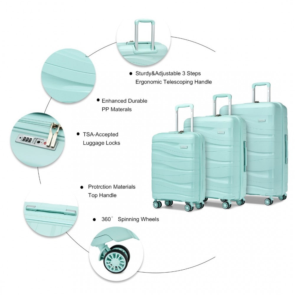 K2094L - KONO LIGHTWEIGHT POLYPROPYLENE HARD SHELL 3 PIECE SUITCASE SET WITH TSA LOCK - MINT GREEN - The Baggage Shop