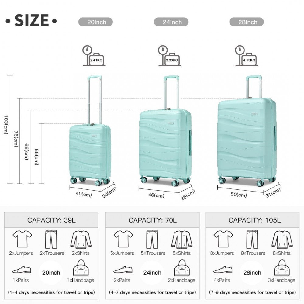 K2094L - KONO LIGHTWEIGHT POLYPROPYLENE HARD SHELL 3 PIECE SUITCASE SET WITH TSA LOCK - MINT GREEN - The Baggage Shop