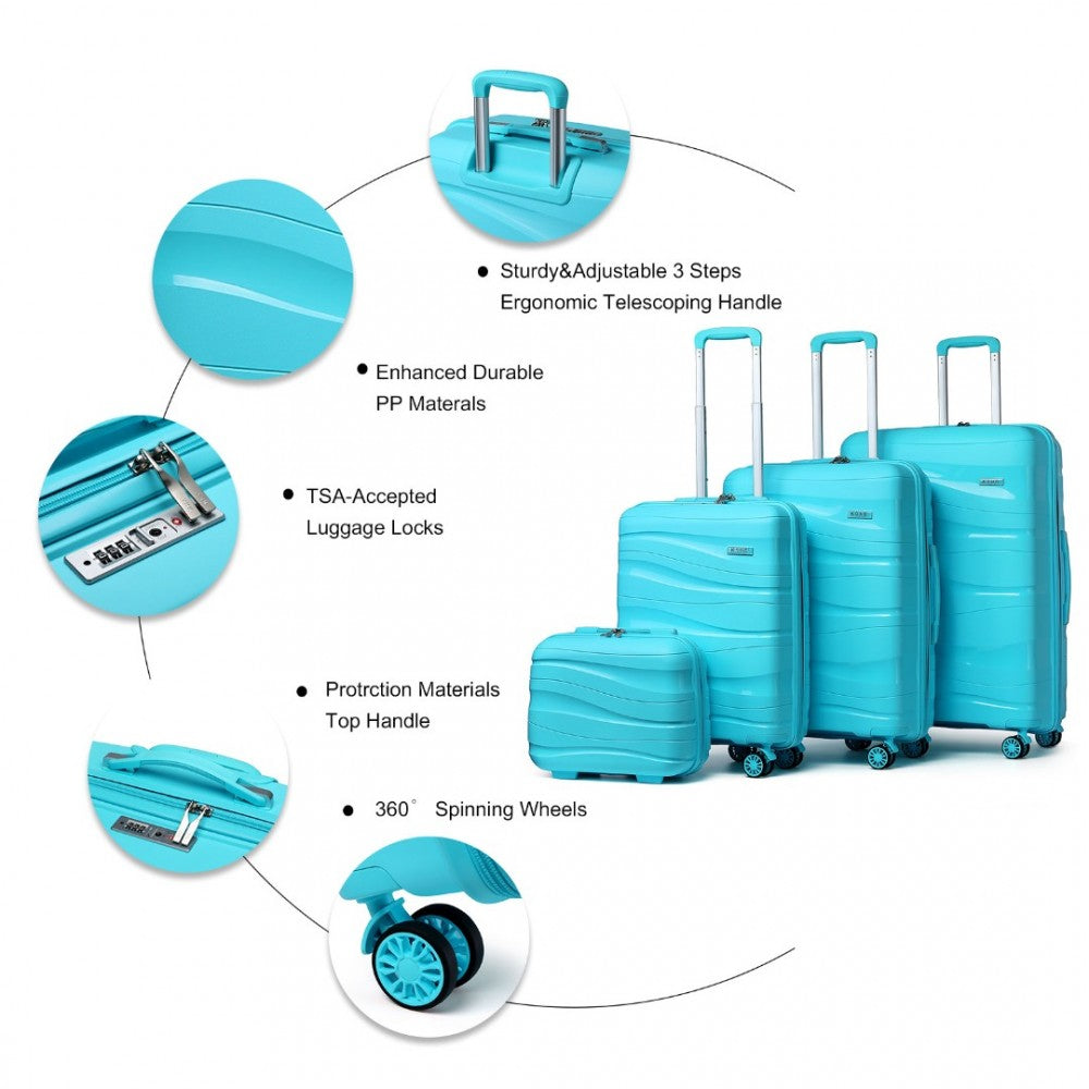 K2094L - KONO LIGHTWEIGHT POLYPROPYLENE HARD SHELL 4 PIECE SUITCASE SET WITH TSA LOCK AND VANITY CASE - BLUE - The Baggage Shop