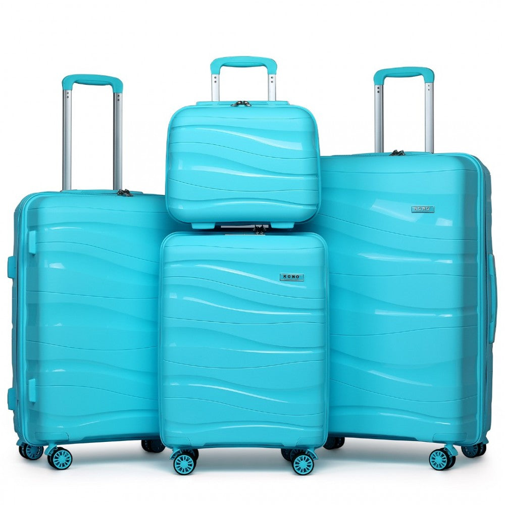 K2094L - KONO LIGHTWEIGHT POLYPROPYLENE HARD SHELL 4 PIECE SUITCASE SET WITH TSA LOCK AND VANITY CASE - BLUE - The Baggage Shop