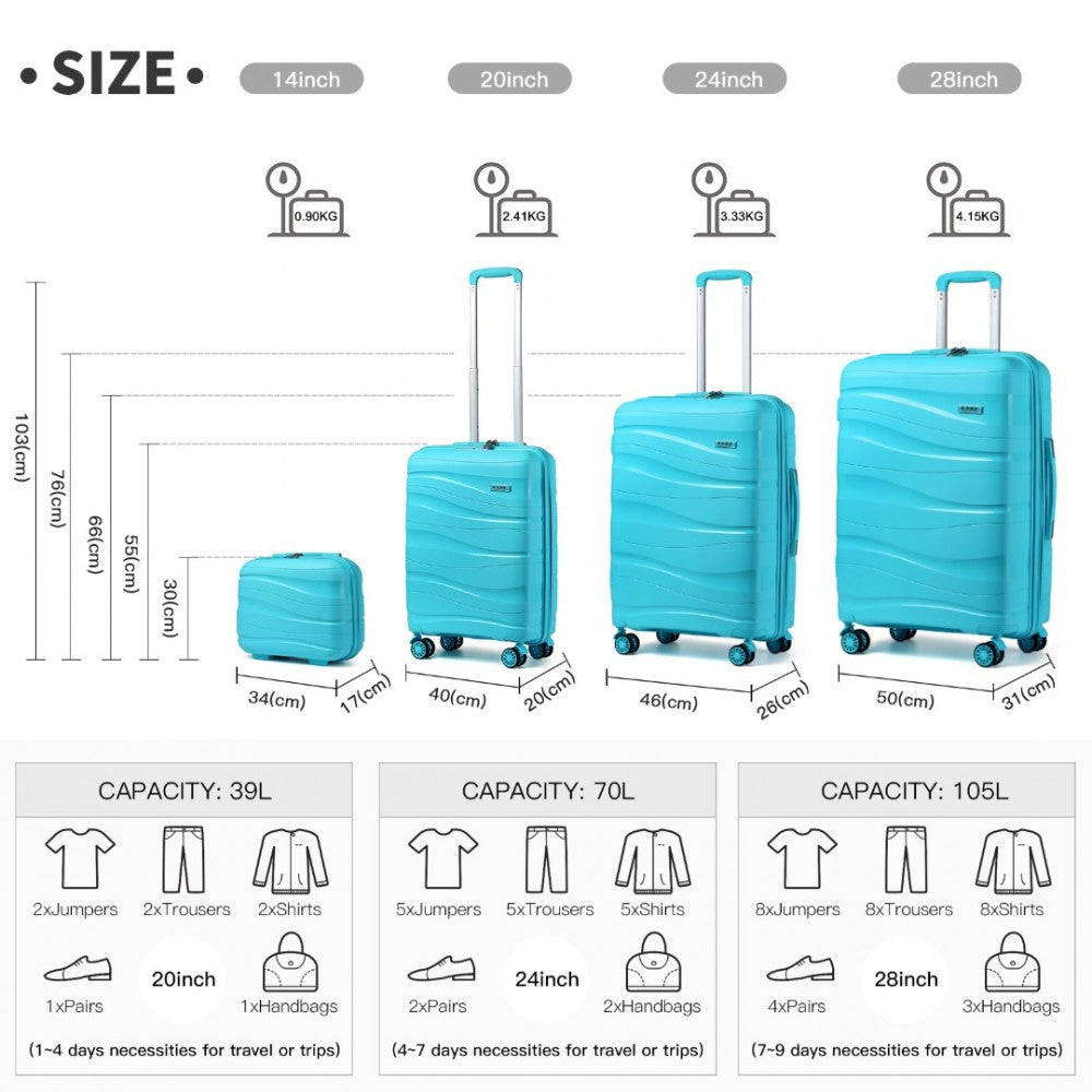 K2094L - KONO LIGHTWEIGHT POLYPROPYLENE HARD SHELL 4 PIECE SUITCASE SET WITH TSA LOCK AND VANITY CASE - BLUE - The Baggage Shop
