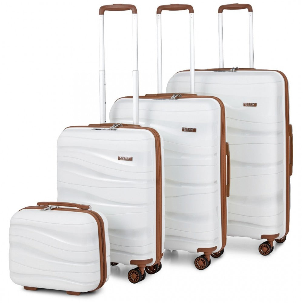 K2094L - KONO LIGHTWEIGHT POLYPROPYLENE HARD SHELL 4 PIECE SUITCASE SET WITH TSA LOCK AND VANITY CASE - CREAM - The Baggage Shop