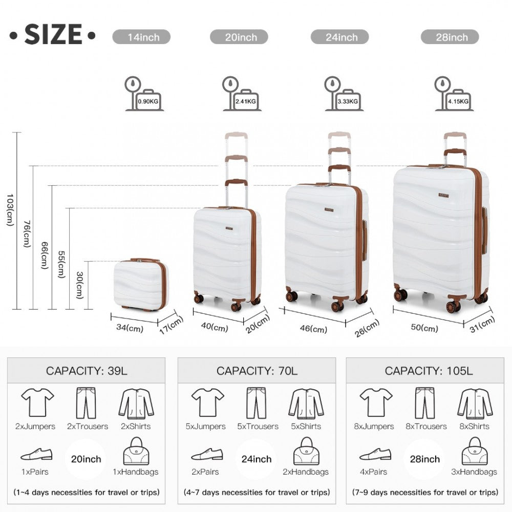 K2094L - KONO LIGHTWEIGHT POLYPROPYLENE HARD SHELL 4 PIECE SUITCASE SET WITH TSA LOCK AND VANITY CASE - CREAM - The Baggage Shop