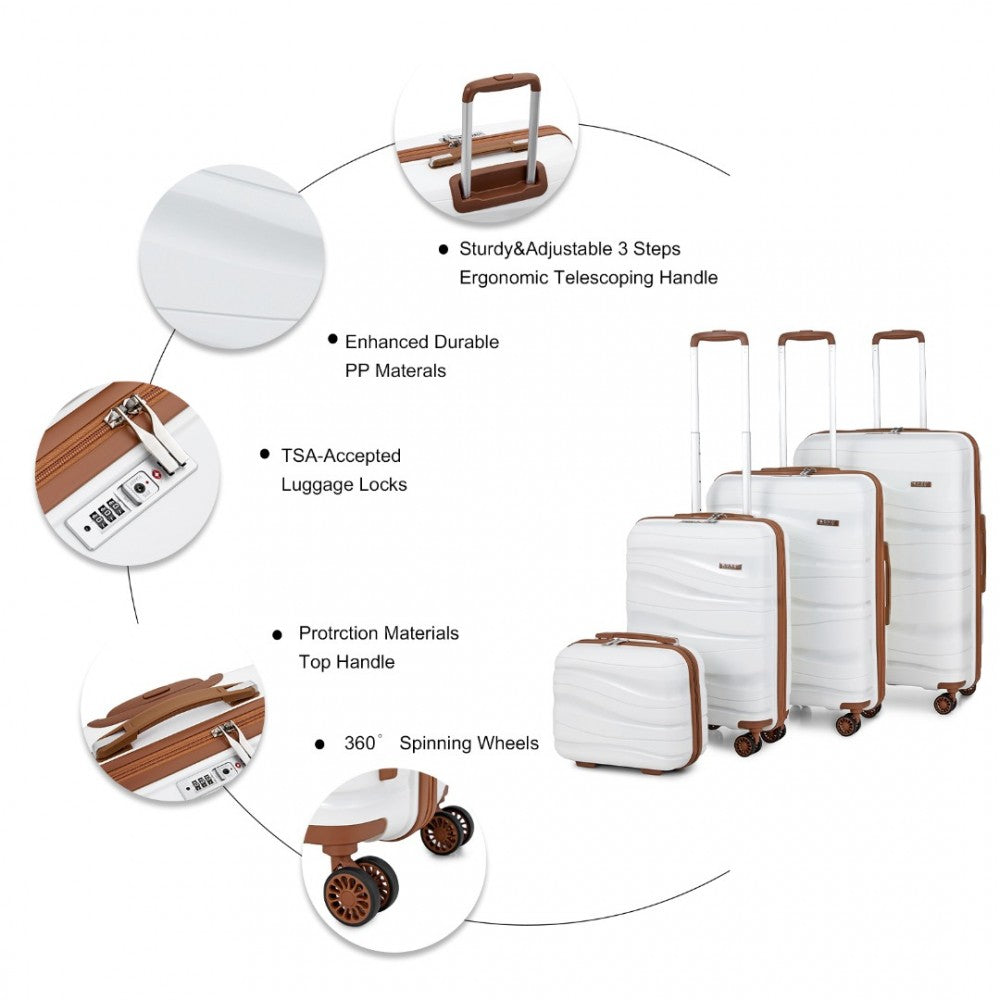 K2094L - KONO LIGHTWEIGHT POLYPROPYLENE HARD SHELL 4 PIECE SUITCASE SET WITH TSA LOCK AND VANITY CASE - CREAM - The Baggage Shop