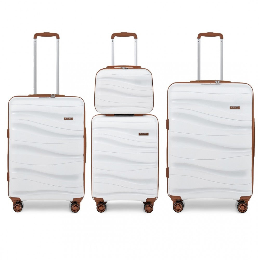 K2094L - KONO LIGHTWEIGHT POLYPROPYLENE HARD SHELL 4 PIECE SUITCASE SET WITH TSA LOCK AND VANITY CASE - CREAM - The Baggage Shop