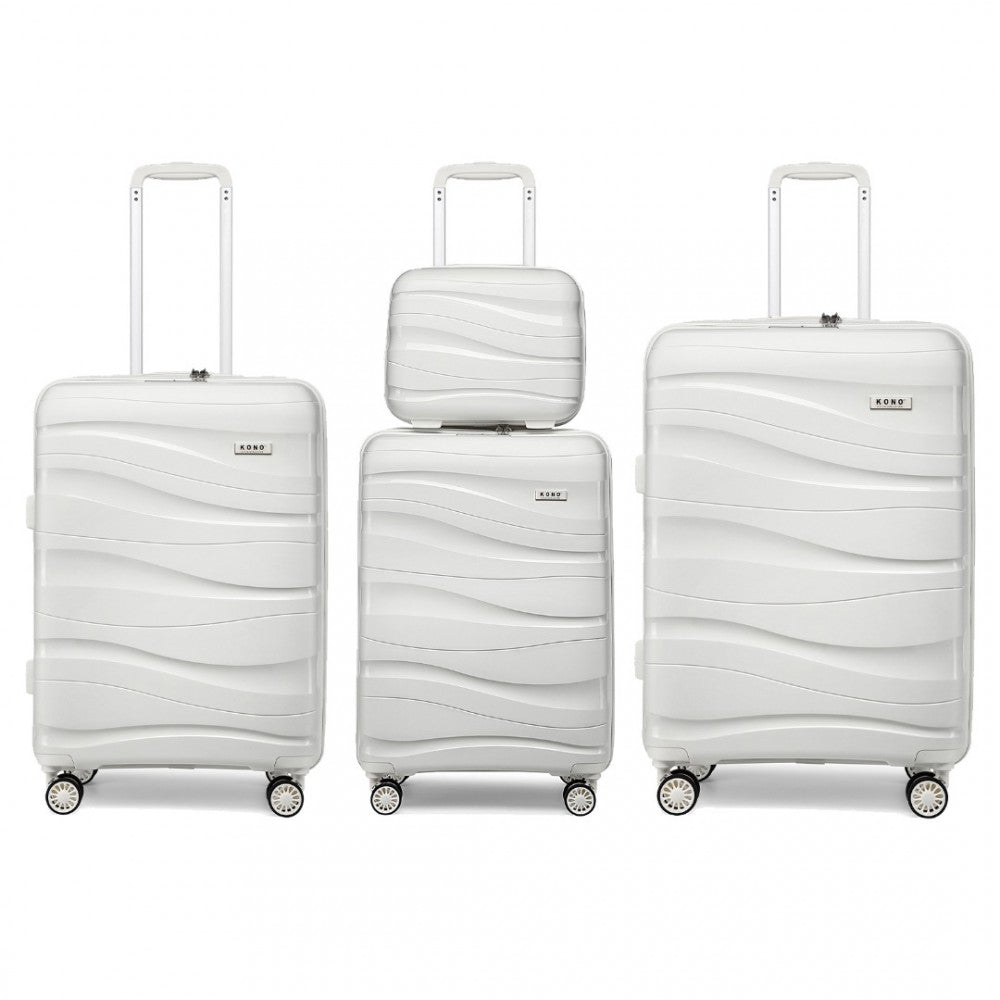 K2094L - KONO LIGHTWEIGHT POLYPROPYLENE HARD SHELL 4 PIECE SUITCASE SET WITH TSA LOCK AND VANITY CASE - WHITE - The Baggage Shop