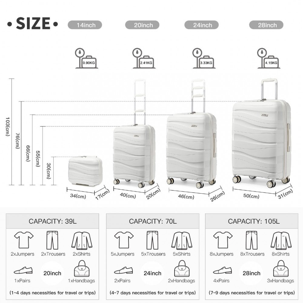 K2094L - KONO LIGHTWEIGHT POLYPROPYLENE HARD SHELL 4 PIECE SUITCASE SET WITH TSA LOCK AND VANITY CASE - WHITE - The Baggage Shop