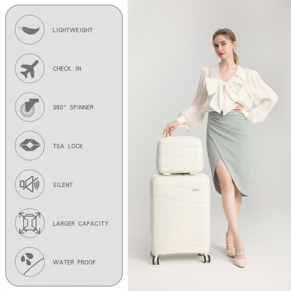 K2094L - KONO LIGHTWEIGHT POLYPROPYLENE HARD SHELL 4 PIECE SUITCASE SET WITH TSA LOCK AND VANITY CASE - WHITE - The Baggage Shop