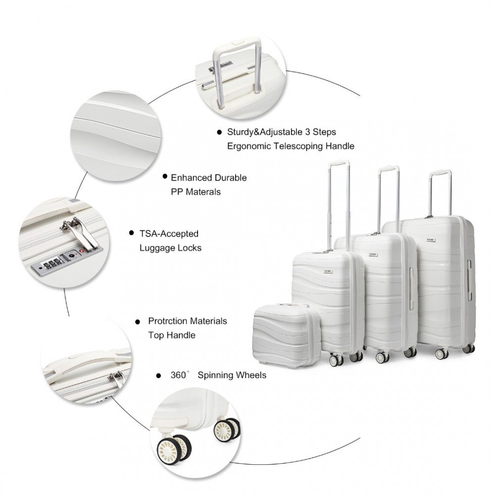K2094L - KONO LIGHTWEIGHT POLYPROPYLENE HARD SHELL 4 PIECE SUITCASE SET WITH TSA LOCK AND VANITY CASE - WHITE - The Baggage Shop