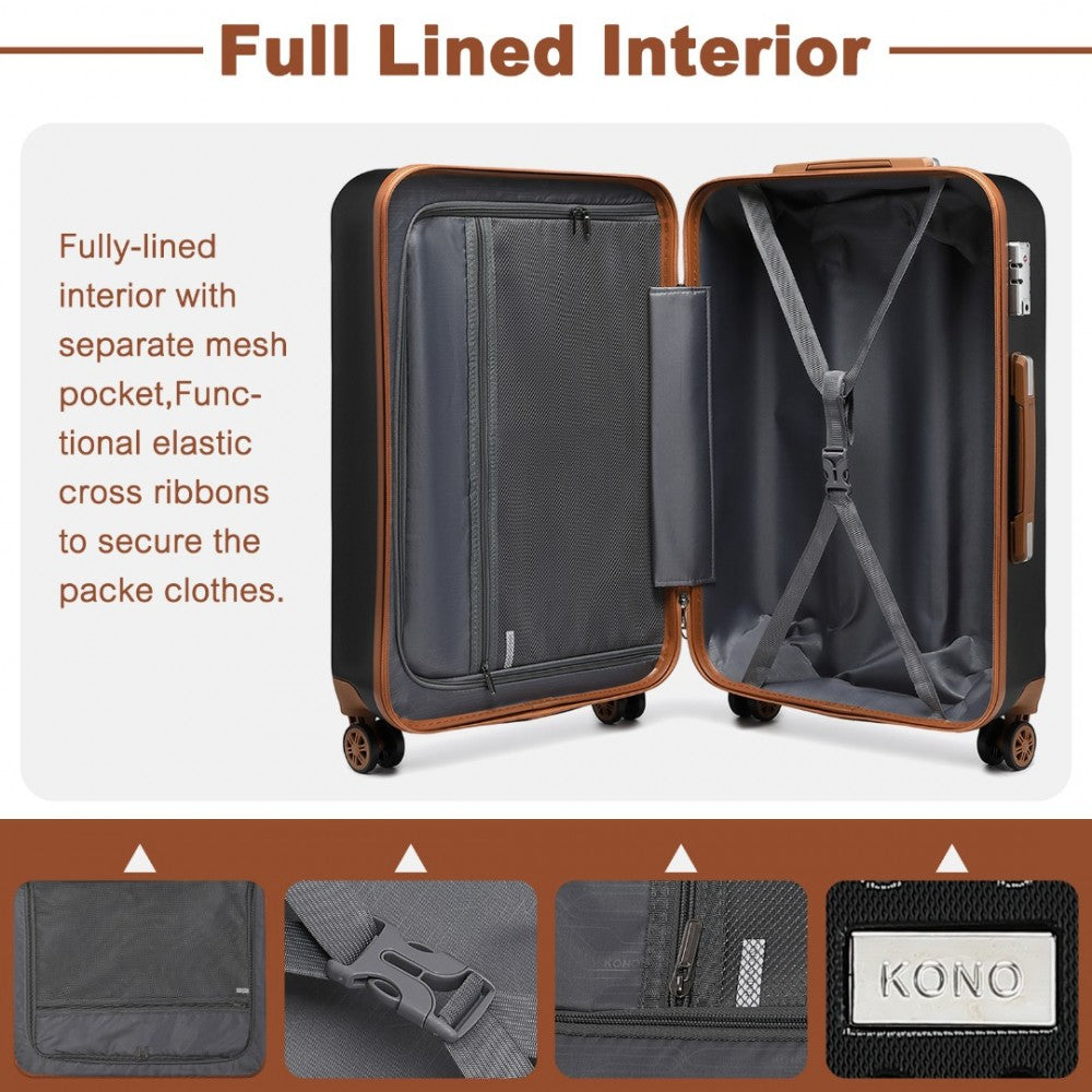 K2394L - KONO FLEXIBLE HARD SHELL ABS SUITCASE WITH TSA LOCK AND VANITY CASE 4 PIECE SET - BLACK - The Baggage Shop