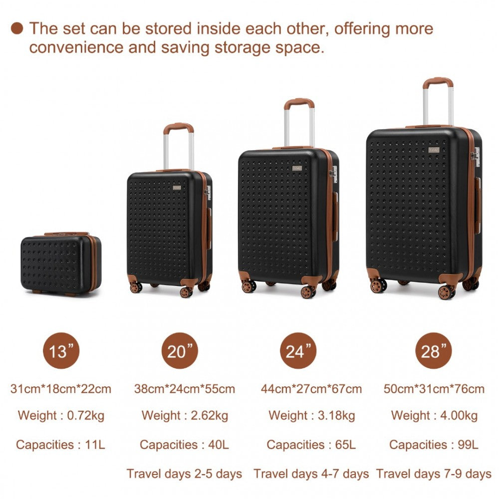 K2394L - KONO FLEXIBLE HARD SHELL ABS SUITCASE WITH TSA LOCK AND VANITY CASE 4 PIECE SET - BLACK - The Baggage Shop