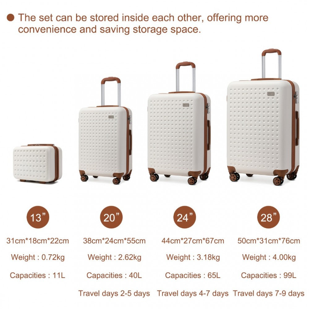 K2394L - KONO FLEXIBLE HARD SHELL ABS SUITCASE WITH TSA LOCK AND VANITY CASE 4 PIECE SET - CREAM - The Baggage Shop