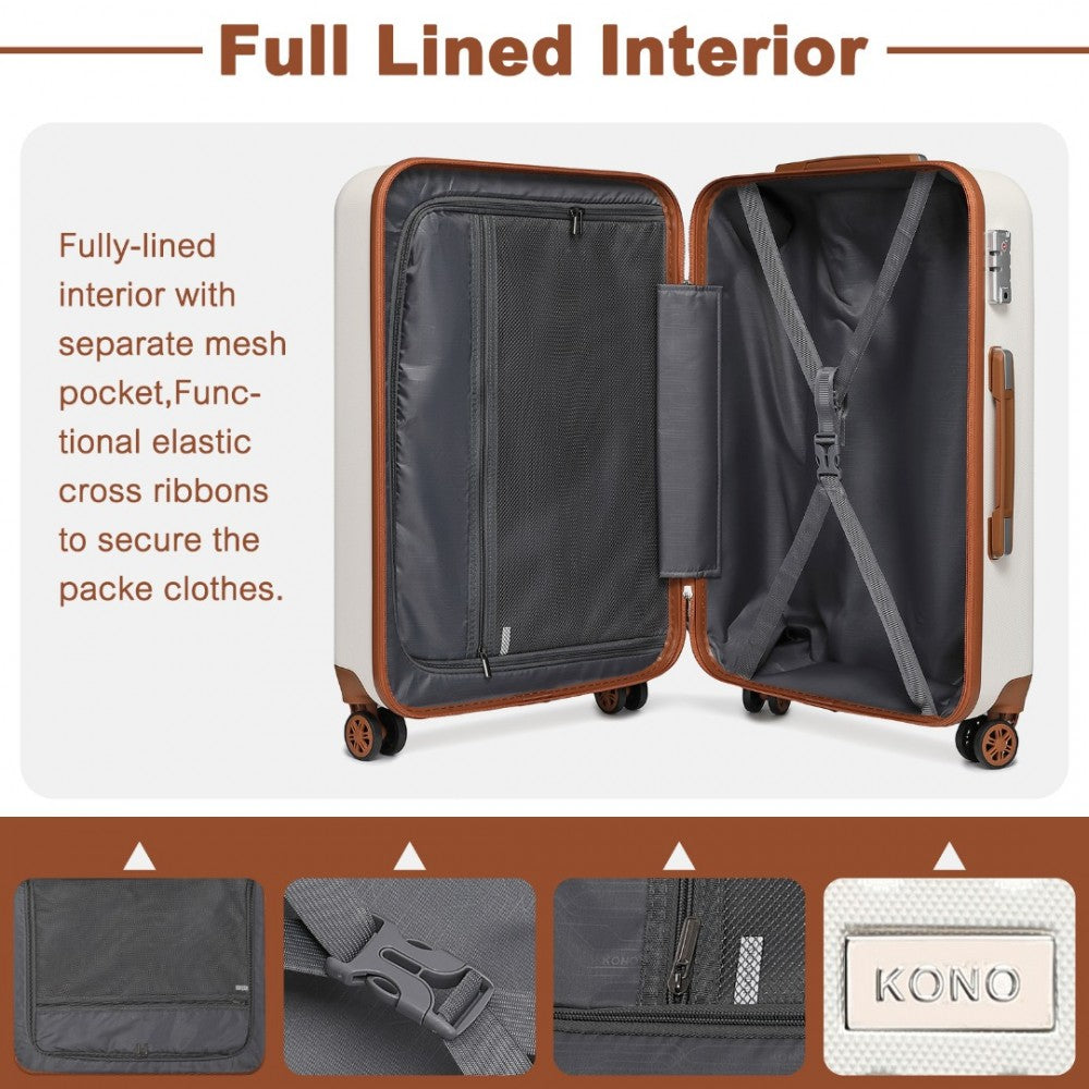 K2394L - KONO FLEXIBLE HARD SHELL ABS SUITCASE WITH TSA LOCK AND VANITY CASE 4 PIECE SET - CREAM - The Baggage Shop