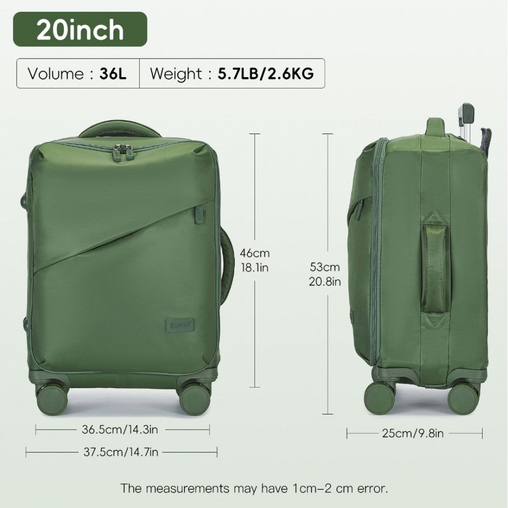 KSK2491 - KONO 20 INCH LIGHTWEIGHT SOFT SHELL CARRY ON CABIN SIZE SUITCASE WITH TSA LOCK AND SEPARATE WET/DRY COMPARTMENT - GREEN - The Baggage Shop