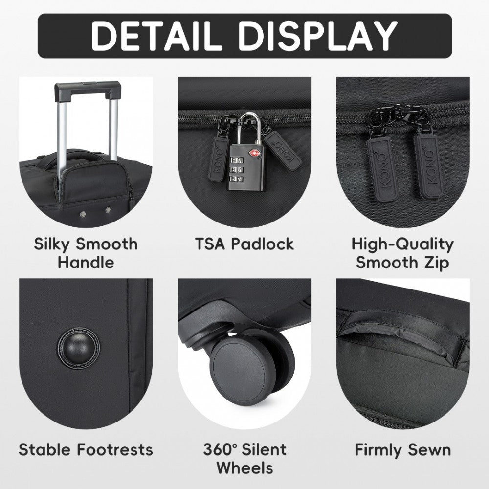 KSK2491 - KONO 20 INCH LIGHTWEIGHT SOFT SHELL CARRY ON CABIN SIZE SUITCASE WITH TSA LOCK AND SEPARATE WET/DRY COMPARTMENT - BLACK - The Baggage Shop