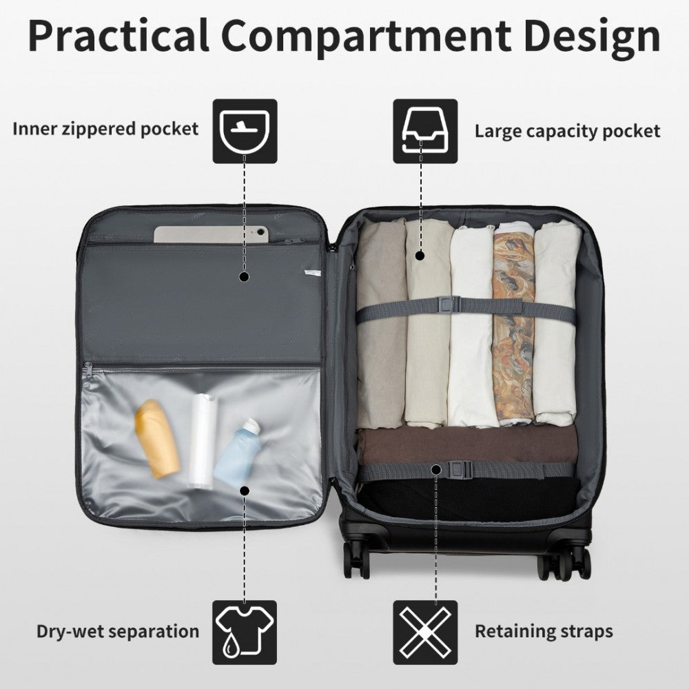 KSK2491 - KONO 20 INCH LIGHTWEIGHT SOFT SHELL CARRY ON CABIN SIZE SUITCASE WITH TSA LOCK AND SEPARATE WET/DRY COMPARTMENT - BLACK - The Baggage Shop