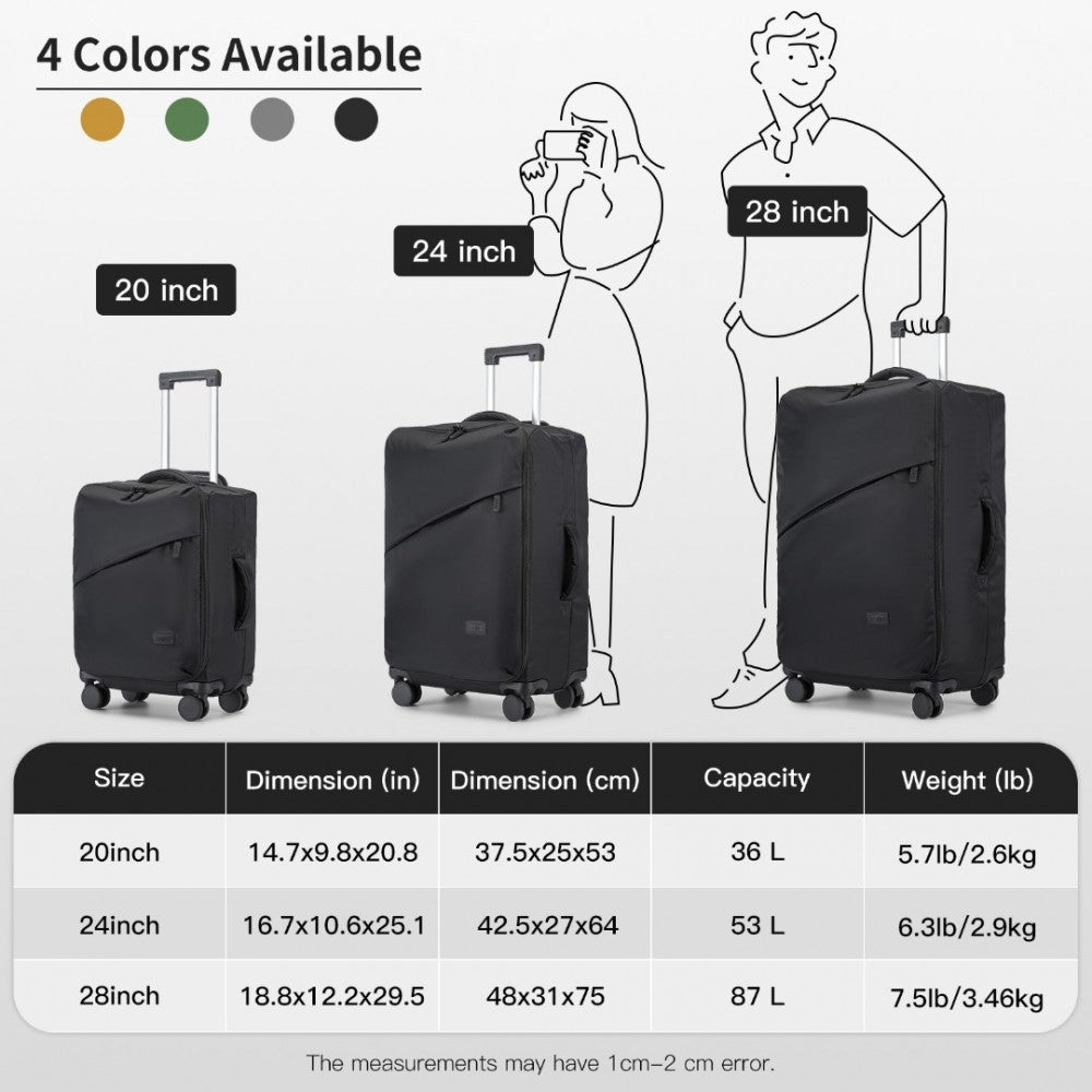 KSK2491 - KONO 3-PIECE 20/24/28 INCH LIGHTWEIGHT DURABLE SOFT SHELL SUITCASE SET WITH TSA LOCK AND SEPARATE WET/DRY COMPARTMENT - BLACK - The Baggage Shop