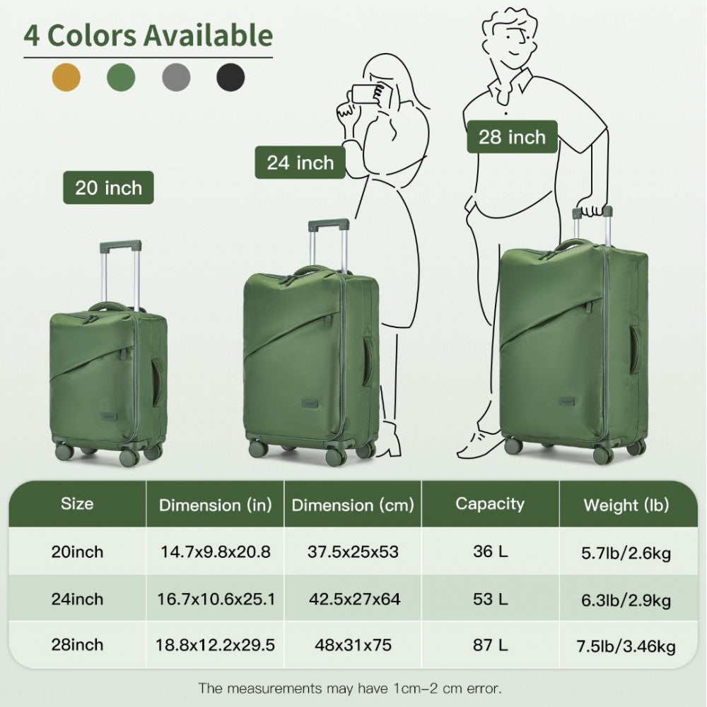 KSK2491 - KONO 3-PIECE 20/24/28 INCH LIGHTWEIGHT DURABLE SOFT SHELL SUITCASE SET WITH TSA LOCK AND SEPARATE WET/DRY COMPARTMENT - GREEN - The Baggage Shop