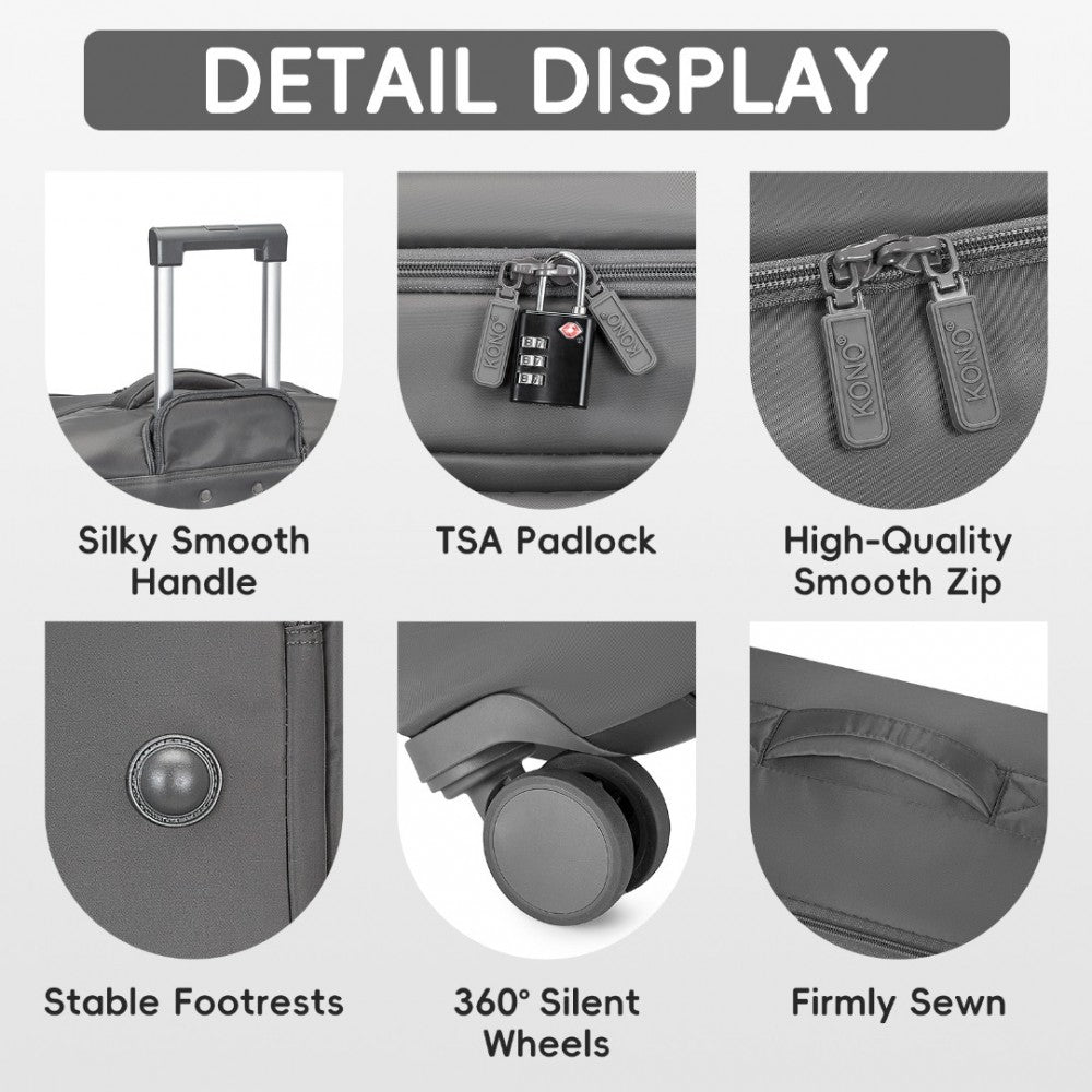 KSK2491 - KONO 3-PIECE 20/24/28 INCH LIGHTWEIGHT DURABLE SOFT SHELL SUITCASE SET WITH TSA LOCK AND SEPARATE WET/DRY COMPARTMENT - GREY - The Baggage Shop
