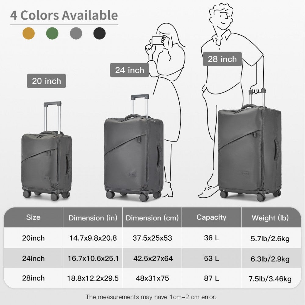 KSK2491 - KONO 3-PIECE 20/24/28 INCH LIGHTWEIGHT DURABLE SOFT SHELL SUITCASE SET WITH TSA LOCK AND SEPARATE WET/DRY COMPARTMENT - GREY - The Baggage Shop