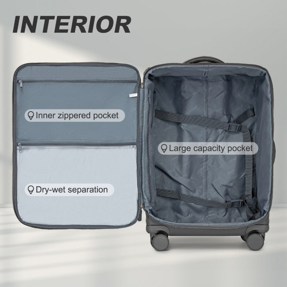 KSK2491 - KONO 3-PIECE 20/24/28 INCH LIGHTWEIGHT DURABLE SOFT SHELL SUITCASE SET WITH TSA LOCK AND SEPARATE WET/DRY COMPARTMENT - GREY - The Baggage Shop