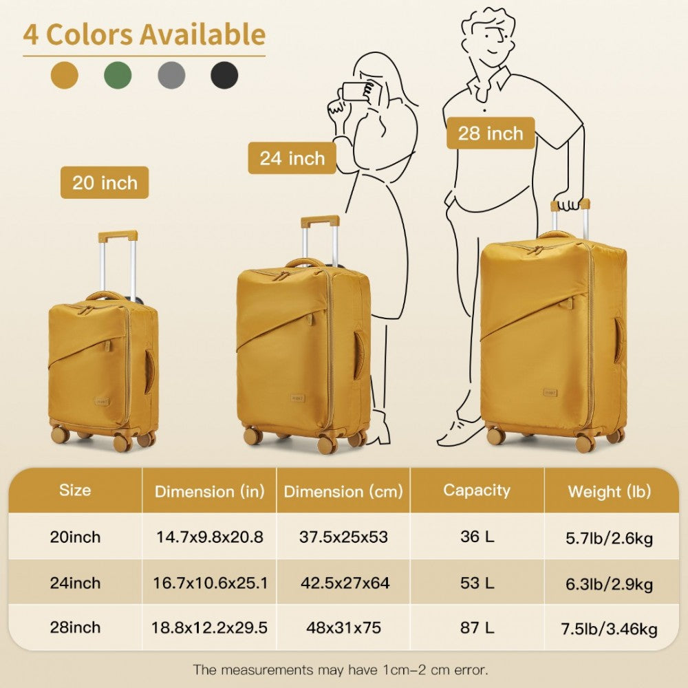 KSK2491 - KONO 3-PIECE 20/24/28 INCH LIGHTWEIGHT DURABLE SOFT SHELL SUITCASE SET WITH TSA LOCK AND SEPARATE WET/DRY COMPARTMENT - YELLOW - The Baggage Shop