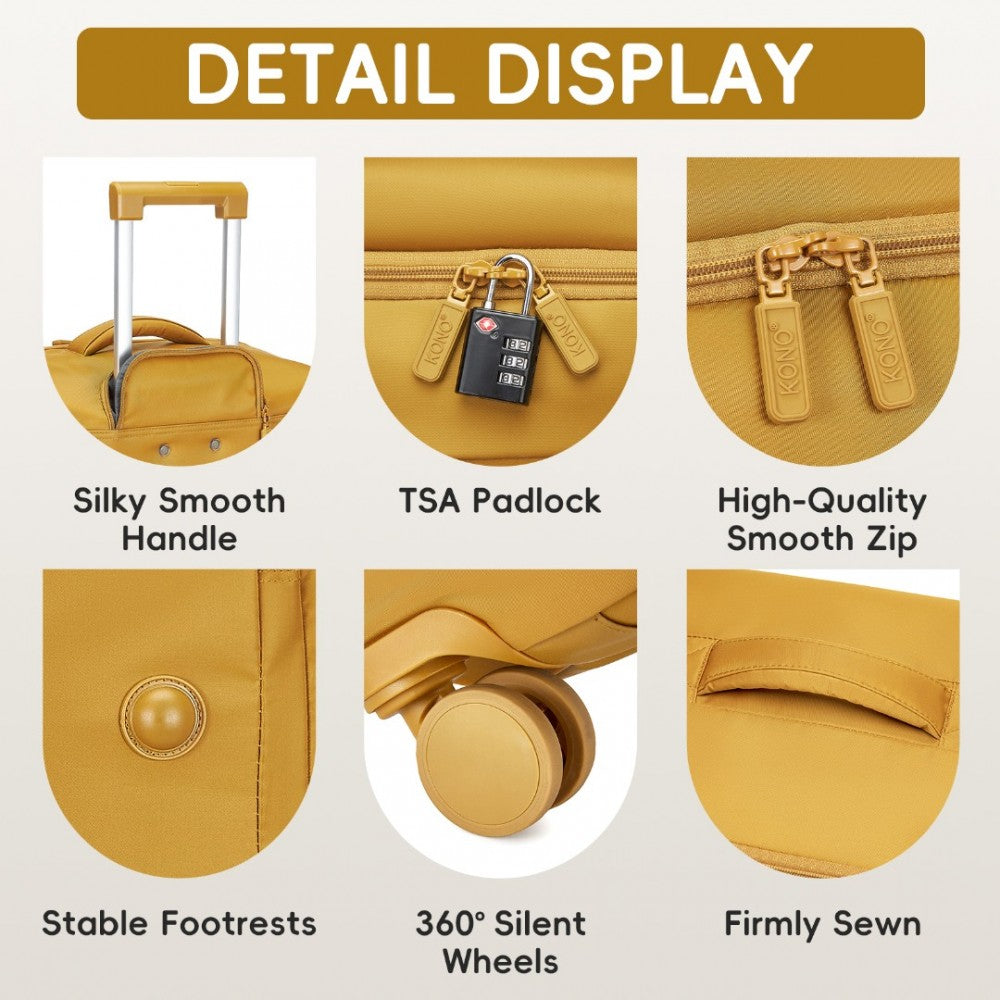 KSK2491 - KONO 3-PIECE 20/24/28 INCH LIGHTWEIGHT DURABLE SOFT SHELL SUITCASE SET WITH TSA LOCK AND SEPARATE WET/DRY COMPARTMENT - YELLOW - The Baggage Shop