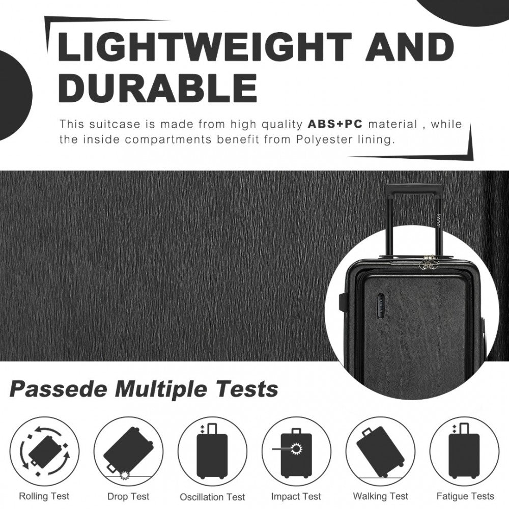 KSK2493 - KONO DURABLE ABS+PC 20 INCH CARRY-ON HARDSHELL SUITCASE WITH TSA LOCK & FRONT LAPTOP COMPARTMENT - BLACK - The Baggage Shop
