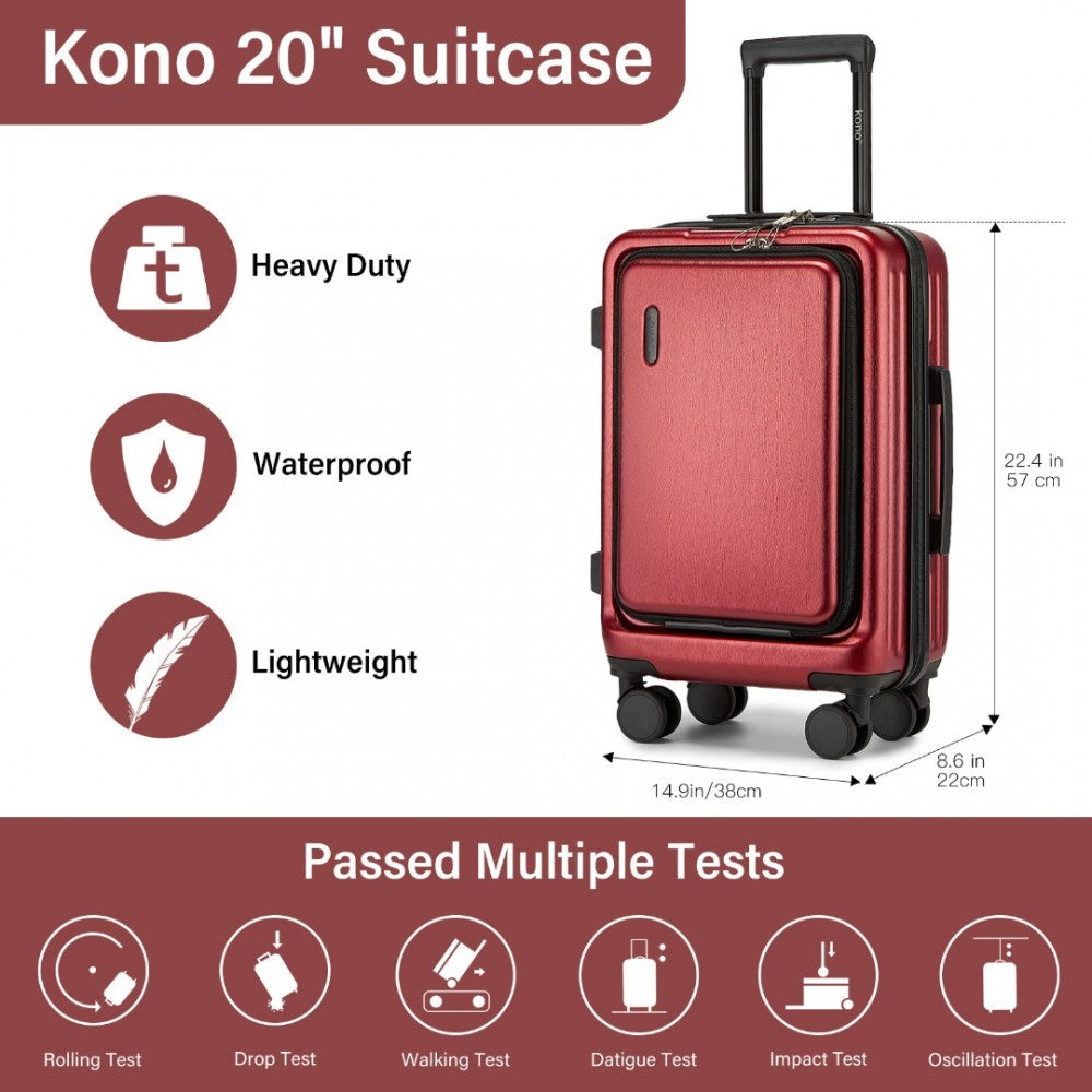 KSK2493 - KONO DURABLE ABS+PC 20 INCH CARRY-ON HARDSHELL SUITCASE WITH TSA LOCK & FRONT LAPTOP COMPARTMENT - BURGUNDY - The Baggage Shop