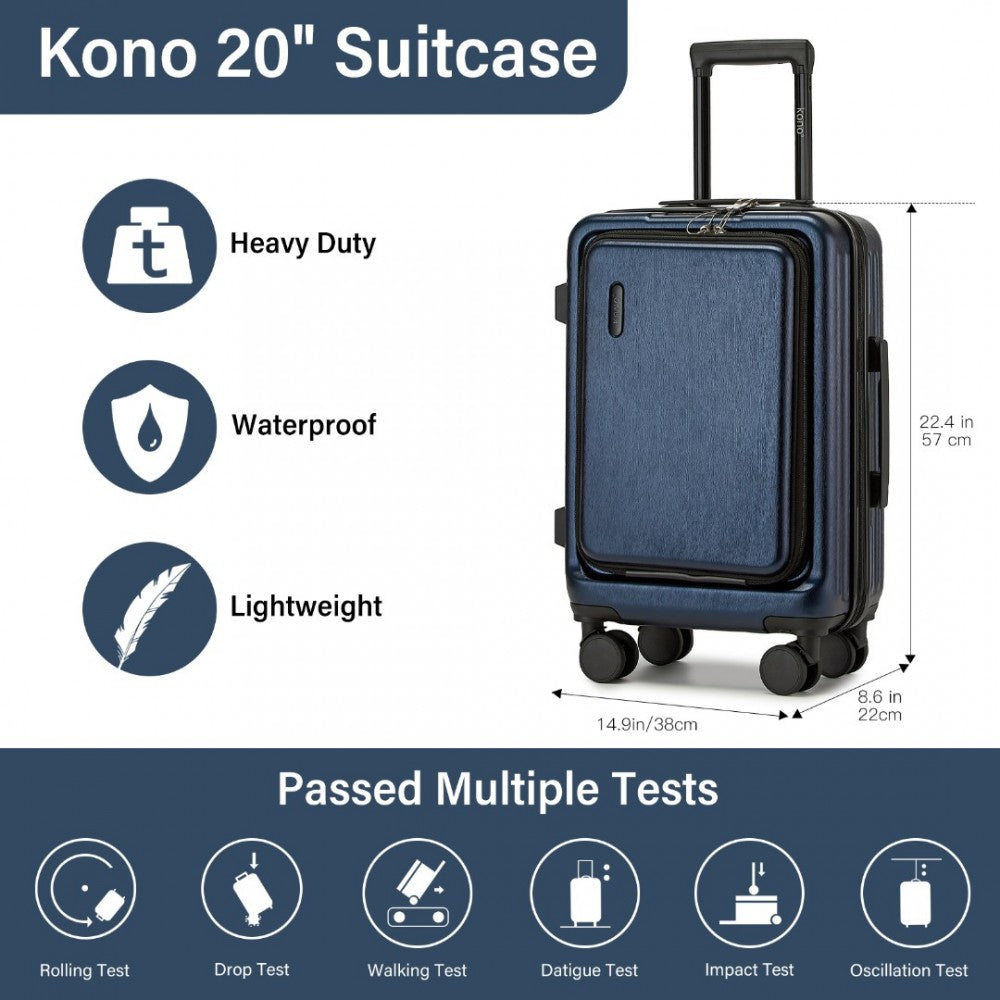 KSK2493 - KONO DURABLE ABS+PC 20 INCH CARRY-ON HARDSHELL SUITCASE WITH TSA LOCK & FRONT LAPTOP COMPARTMENT - NAVY - The Baggage Shop