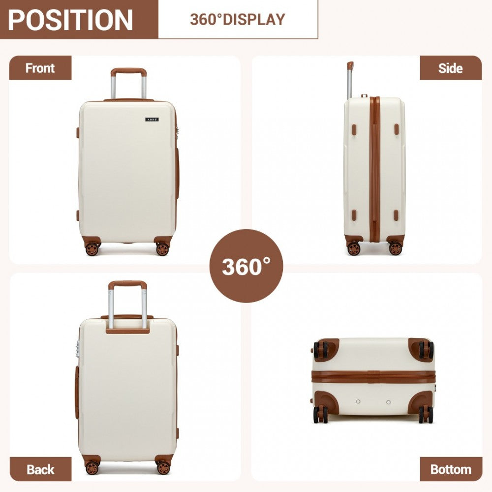 KSK2494 - KONO 3-PIECE MINIMALIST HARD SHELL ABS+PC LUGGAGE SET WITH TSA LOCK AND 360° SPINNER WHEELS - CREAM & BROWN - The Baggage Shop