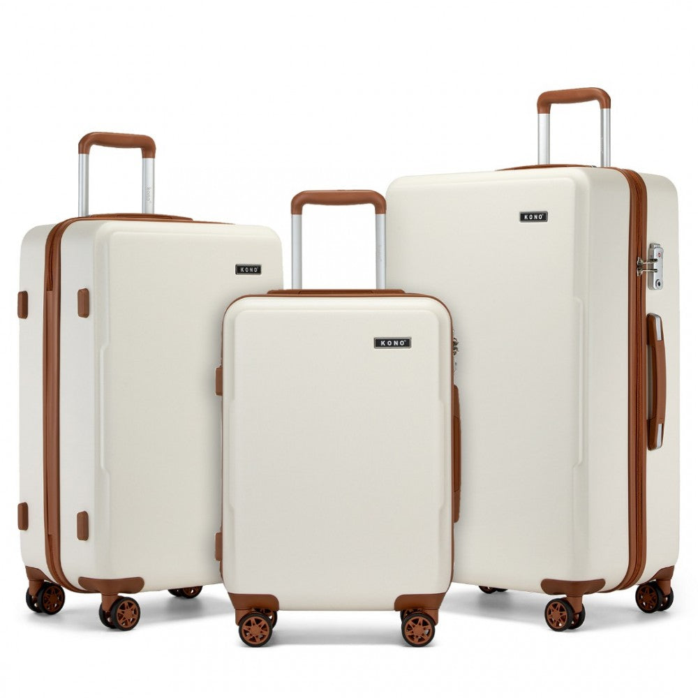 KSK2494 - KONO 3-PIECE MINIMALIST HARD SHELL ABS+PC LUGGAGE SET WITH TSA LOCK AND 360° SPINNER WHEELS - CREAM & BROWN - The Baggage Shop