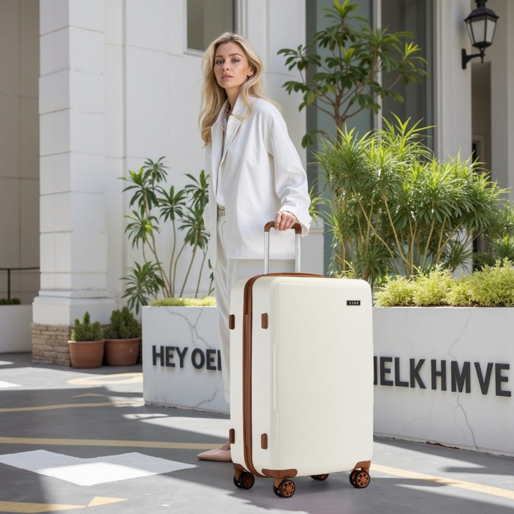 KSK2494 - KONO 3-PIECE MINIMALIST HARD SHELL ABS+PC LUGGAGE SET WITH TSA LOCK AND 360° SPINNER WHEELS - CREAM & BROWN - The Baggage Shop