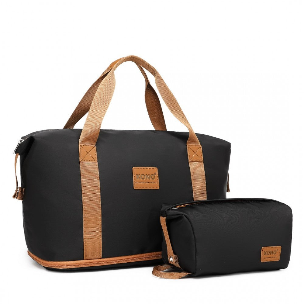 EA2212 - KONO TWO PIECES EXPANDABLE DURABLE WATERPROOF TRAVEL DUFFEL BAG SET - BLACK AND BROWN - The Baggage Shop