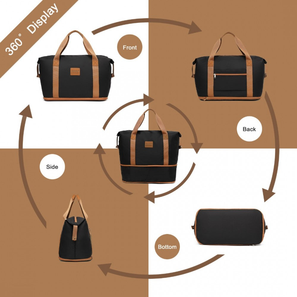 EA2212 - KONO TWO PIECES EXPANDABLE DURABLE WATERPROOF TRAVEL DUFFEL BAG SET - BLACK AND BROWN - The Baggage Shop
