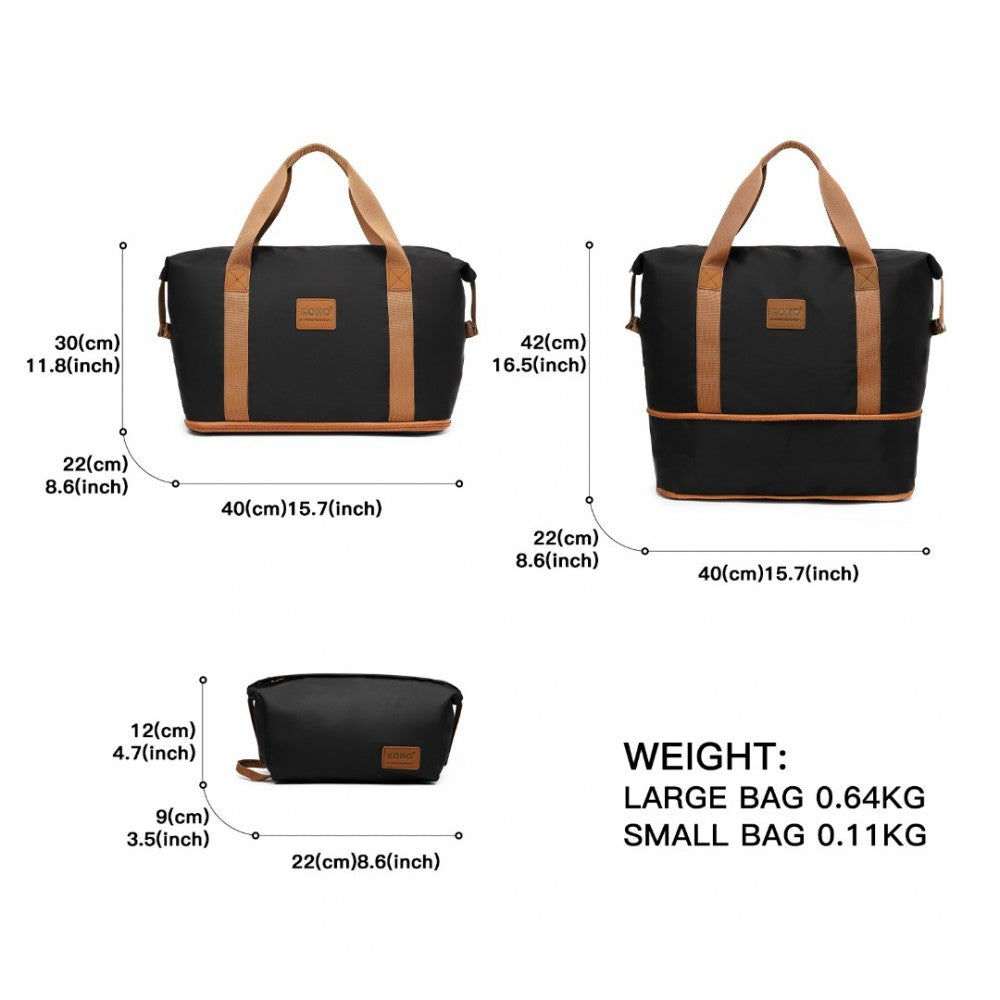 EA2212 - KONO TWO PIECES EXPANDABLE DURABLE WATERPROOF TRAVEL DUFFEL BAG SET - BLACK AND BROWN - The Baggage Shop