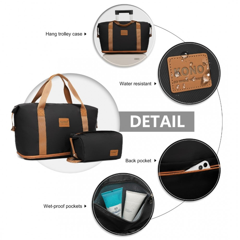 EA2212 - KONO TWO PIECES EXPANDABLE DURABLE WATERPROOF TRAVEL DUFFEL BAG SET - BLACK AND BROWN - The Baggage Shop