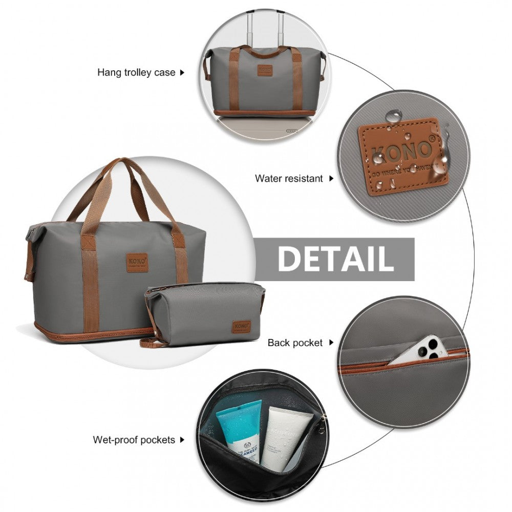 EA2212 - KONO TWO PIECES EXPANDABLE DURABLE WATERPROOF TRAVEL DUFFEL BAG SET - GREY AND BROWN - The Baggage Shop