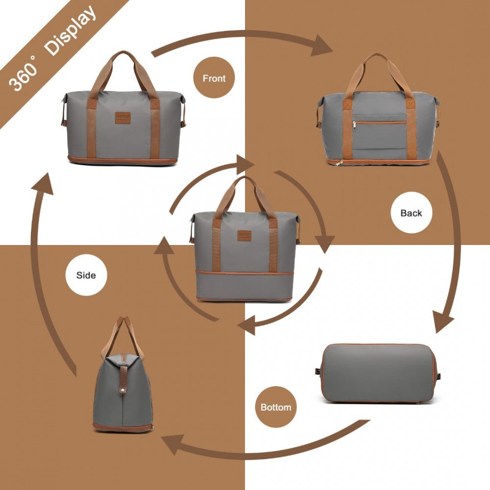 EA2212 - KONO TWO PIECES EXPANDABLE DURABLE WATERPROOF TRAVEL DUFFEL BAG SET - GREY AND BROWN - The Baggage Shop