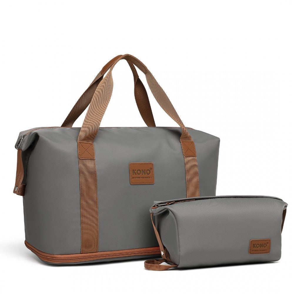 EA2212 - KONO TWO PIECES EXPANDABLE DURABLE WATERPROOF TRAVEL DUFFEL BAG SET - GREY AND BROWN - The Baggage Shop