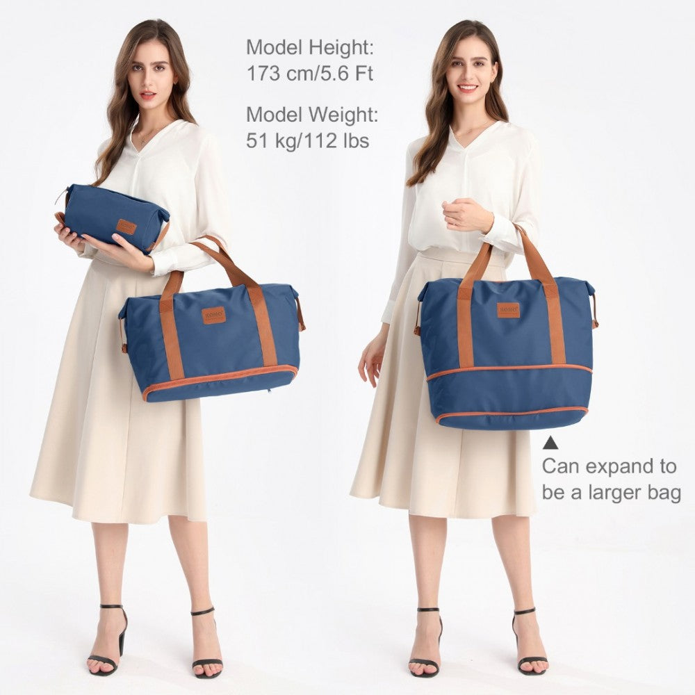 EA2212 - KONO TWO PIECES EXPANDABLE DURABLE WATERPROOF TRAVEL DUFFEL BAG SET - NAVY AND BROWN - The Baggage Shop